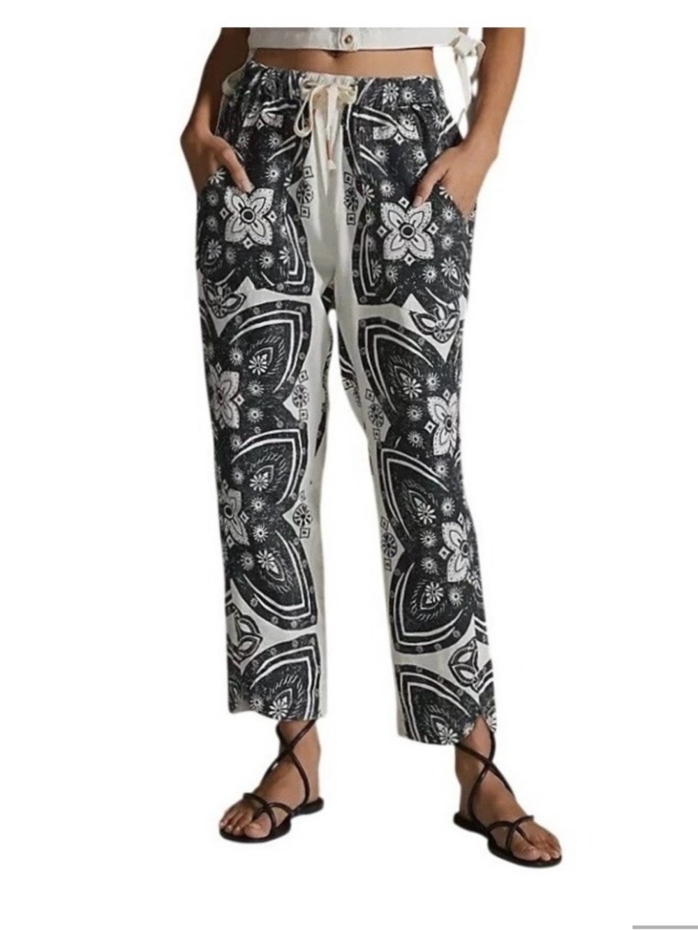 ANTHRO Pilcro Black & White Linen Blend Printed Drawstring Pants
